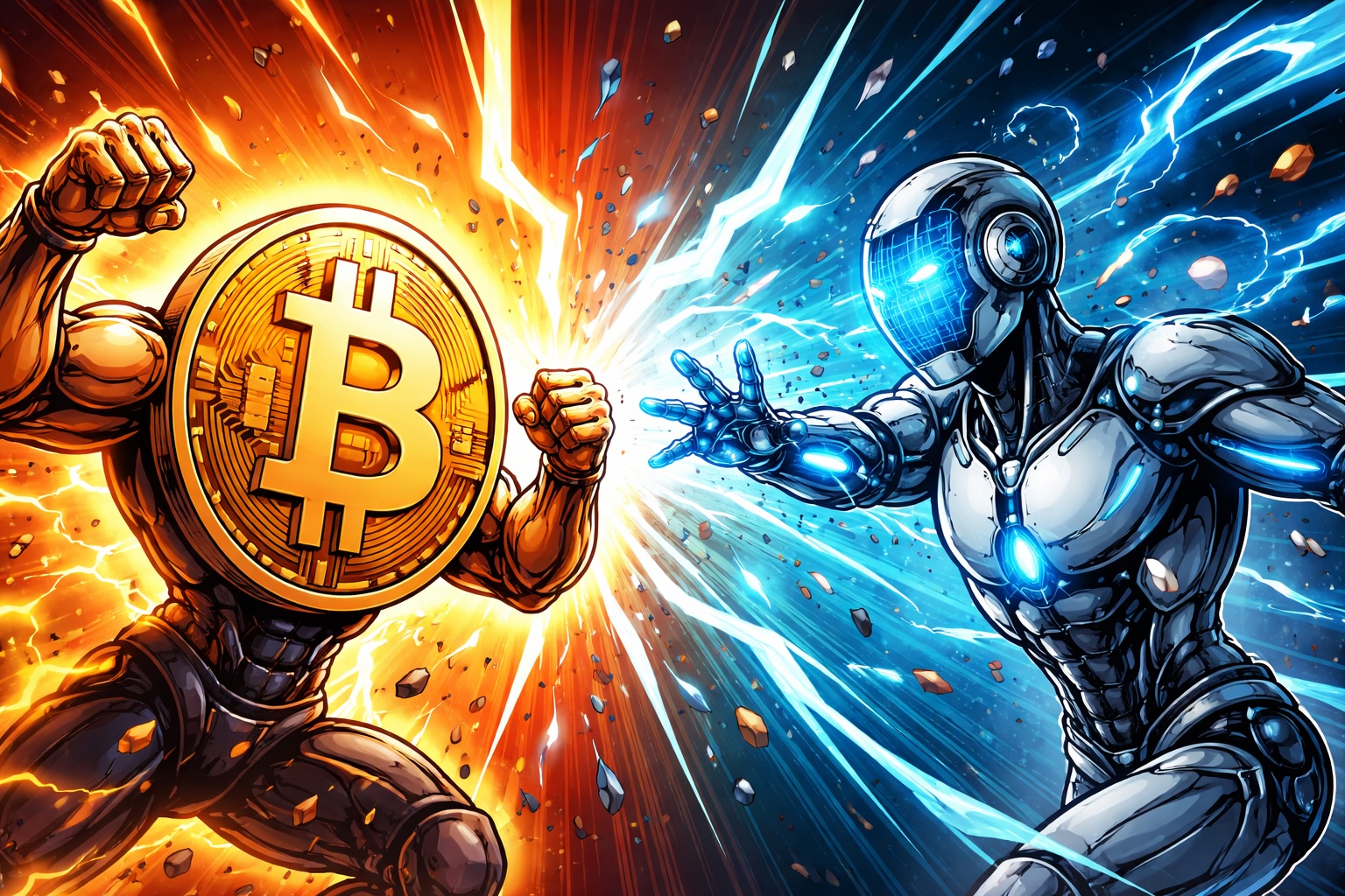 AI Credits vs Bitcoin: Comicbild zeigt Bitcoin im Konflikt mit KI als Symbol für den Unterschied zwischen Kryptowährung und zentralen AI-Systemen